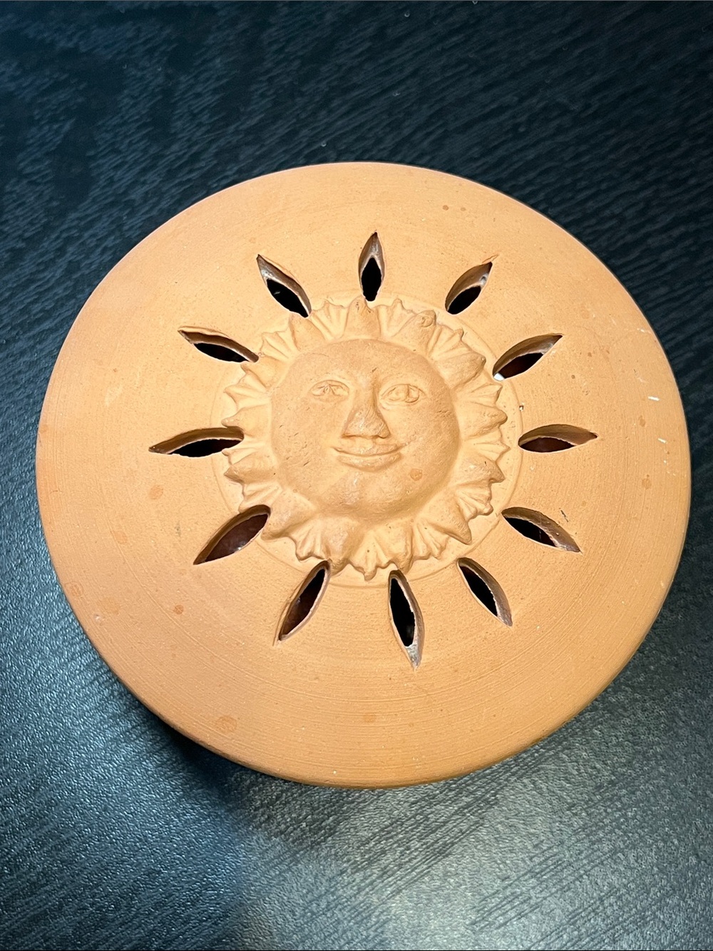 Pier 1 Terracotta Sun Face Ceramic Round Jewelry Trinket Box Lidded Bowl Dish